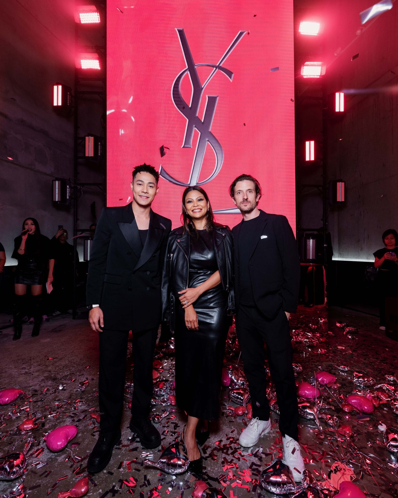 from left to right malaysia ysl beauty ambassador meerqeen ysl beauty general manager zaireen ibrahim loreal sg my general manager ricardo schmidt diaz after confetti