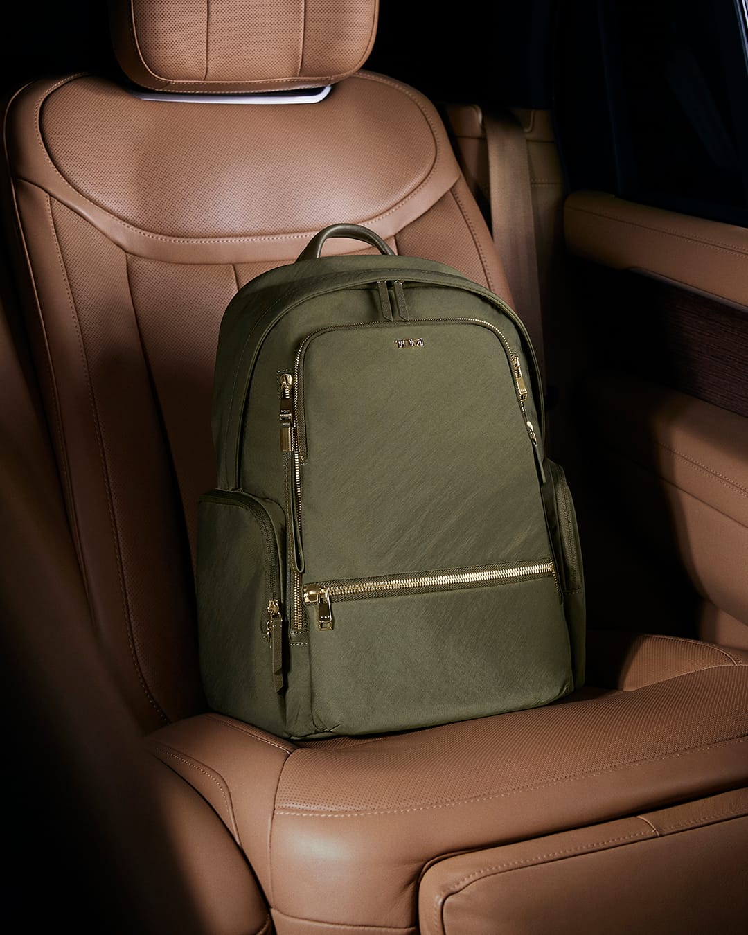 tumi fall 2024 mun ka young collection voyageur nylon celina backpack in olive