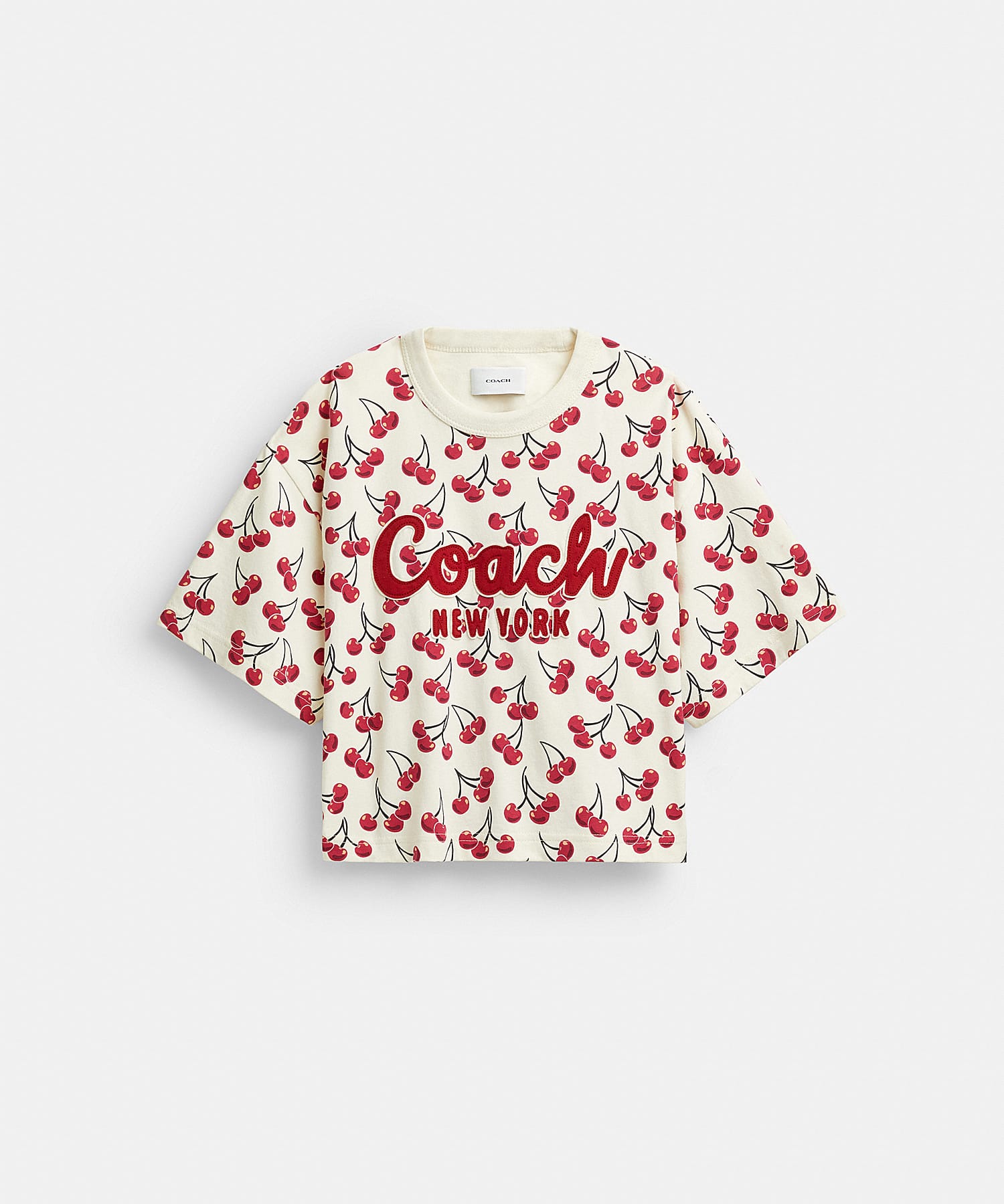 cherry print cursive coach cropped t shirt