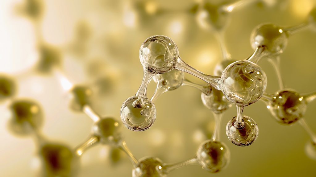 close up of a water molecule model with interconnected spheres