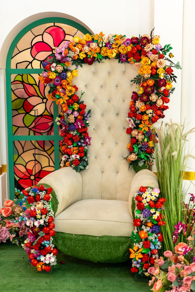 floral throne decorated by lego brick built flowers