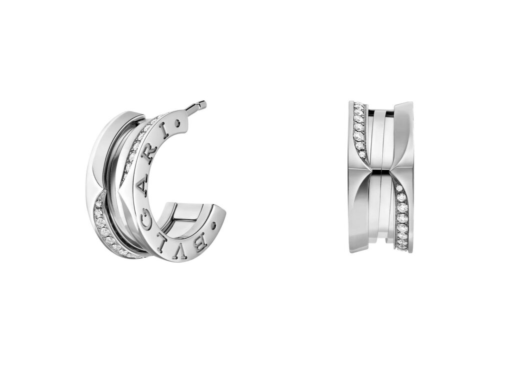 b.zero1 white gold hoop earrings with pavé diamonds.