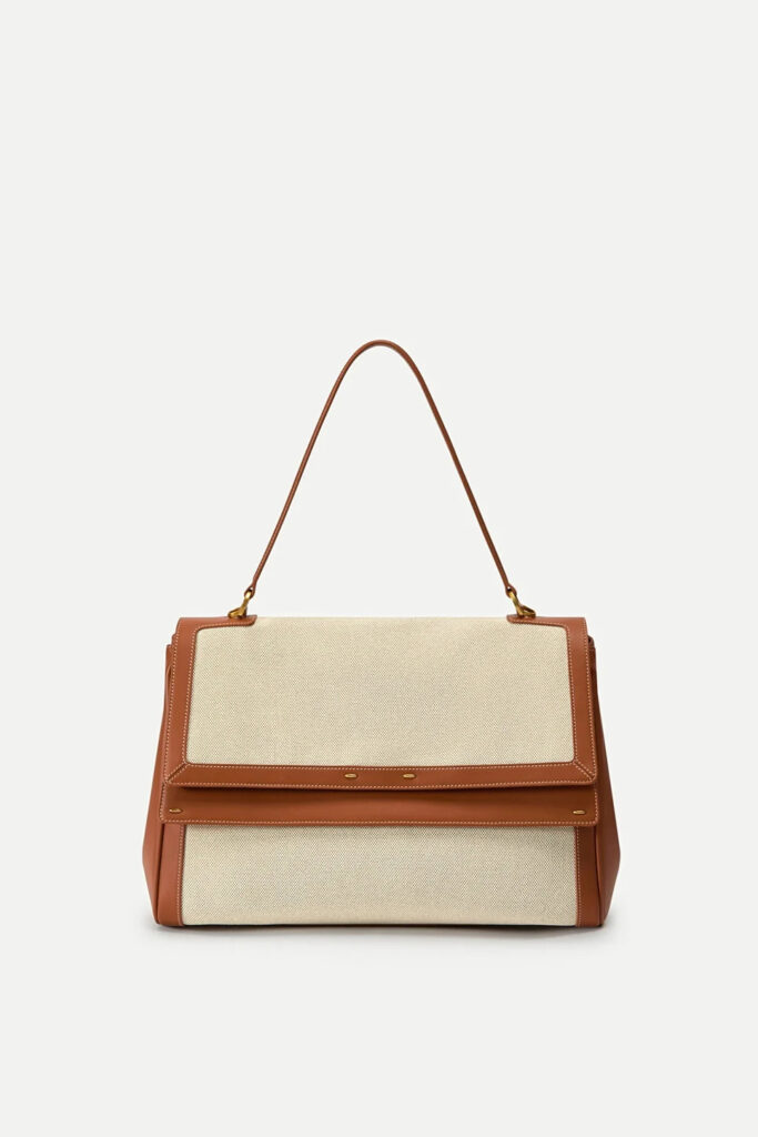 rialto double flap handbag in nappa leather water resistant canvas golden brown detail 1 1787197386